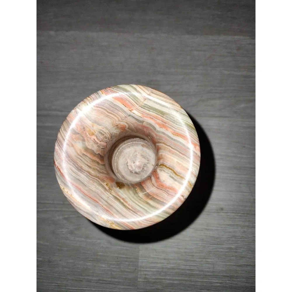 Vintage Hand Carved Polished Onyx Stone Vase Banded Pink Green Cream 5.25 Inch